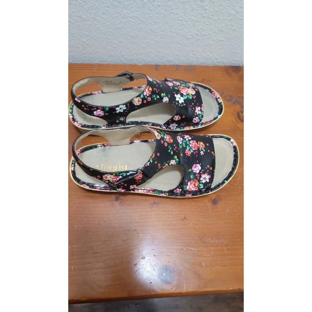 Alegria VIK-169 Floral Leather Sandals Womens 40 Black Slingback Comfort‎ Wedge
